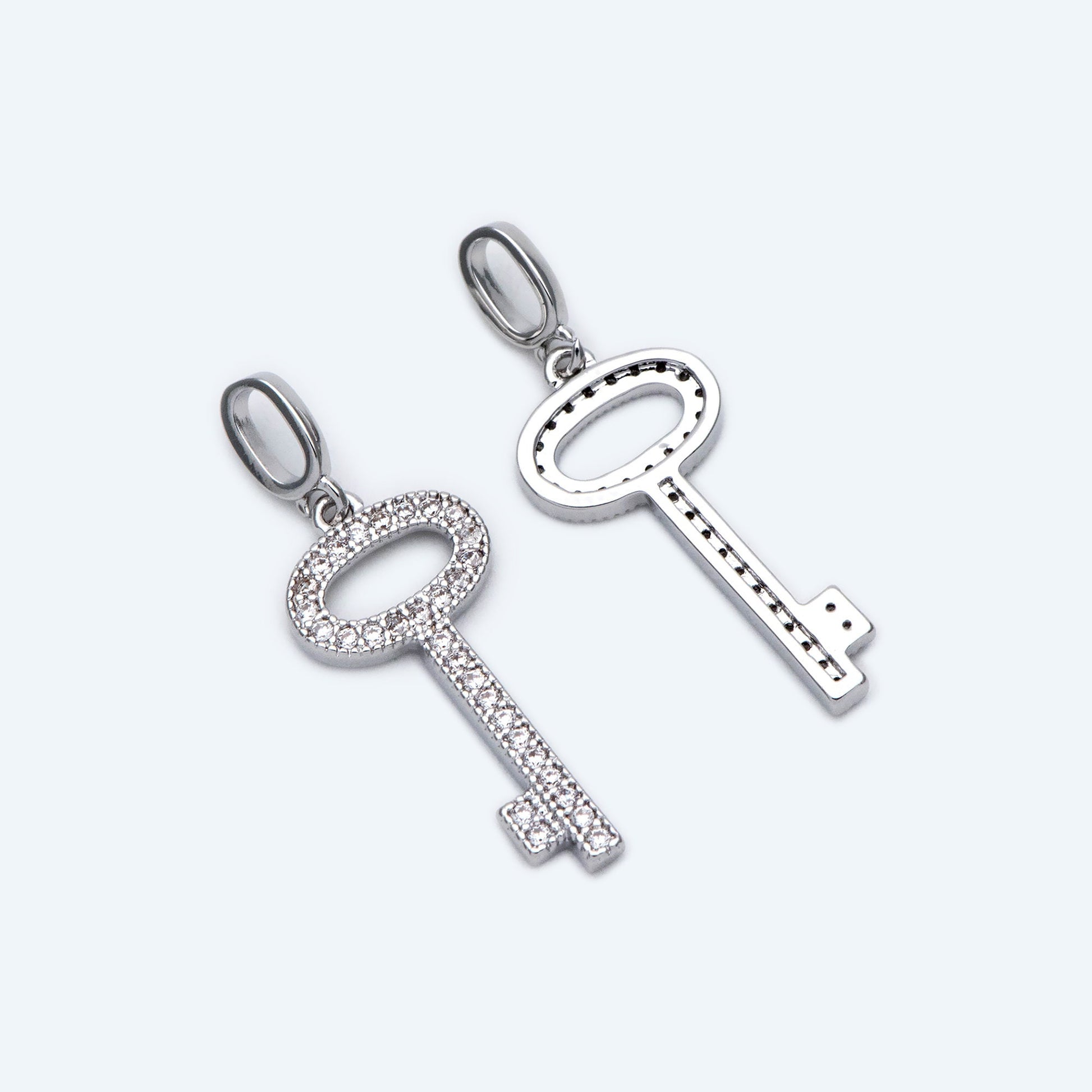 4pcs CZ Pave Gold/ Silver Tone Key Charms 21x10mm, 18K Gold/ Rhodium plated Brass Key Pendants (GB-1774)