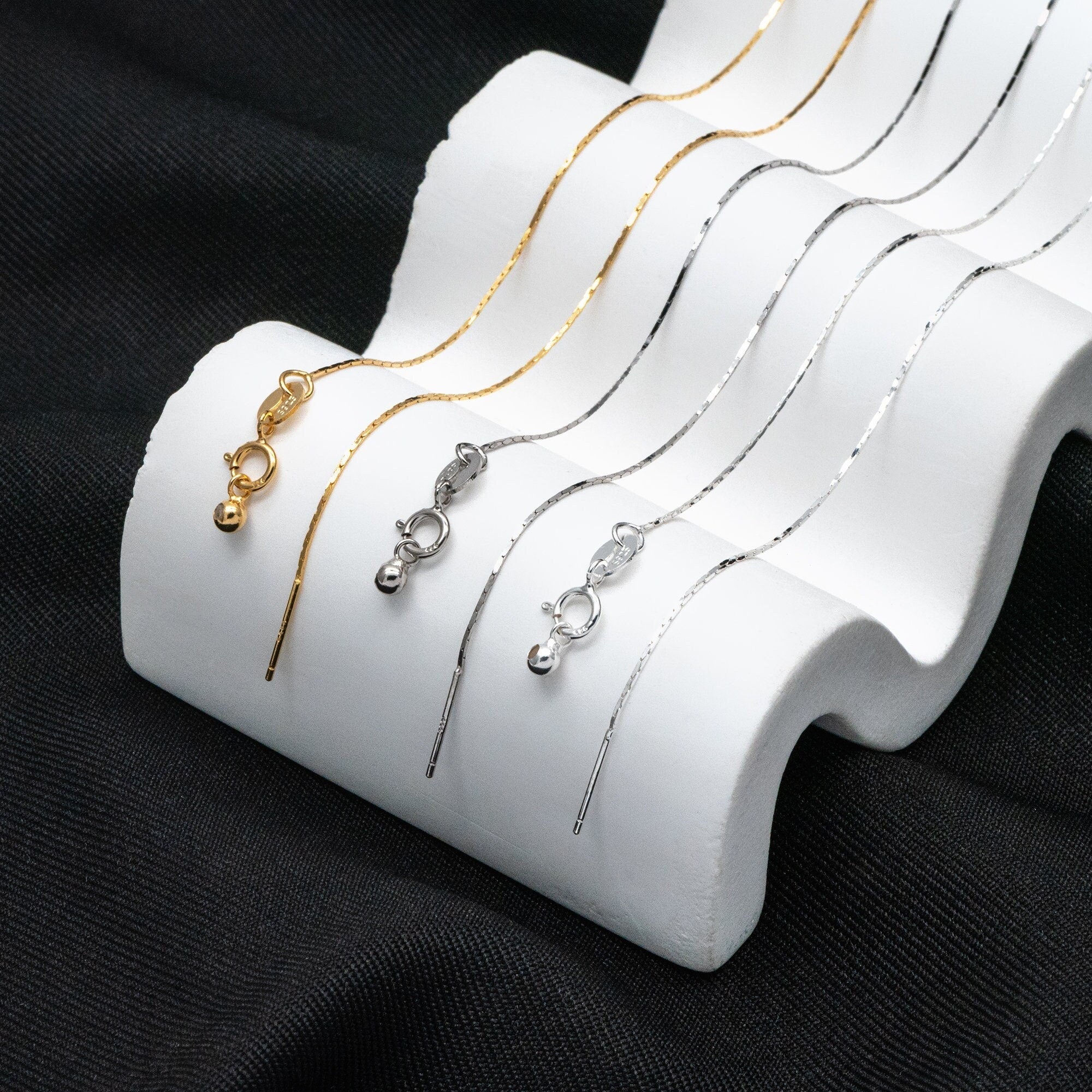 Adjustable Sterling Silver Necklace, 0.5mm Dainty Snake Chain, Gold/ Rhodium plated Finished Chain, 17 Inch Ready to Wear (CY-043)