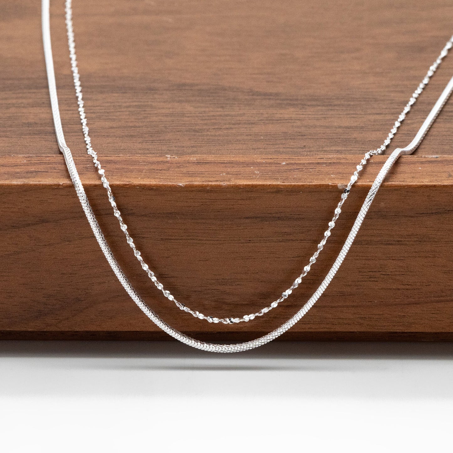 Sterling Silver Double Layer Necklace, Dainty Snake Chain, Layering Necklaces, Ready to Wear (CY-044)