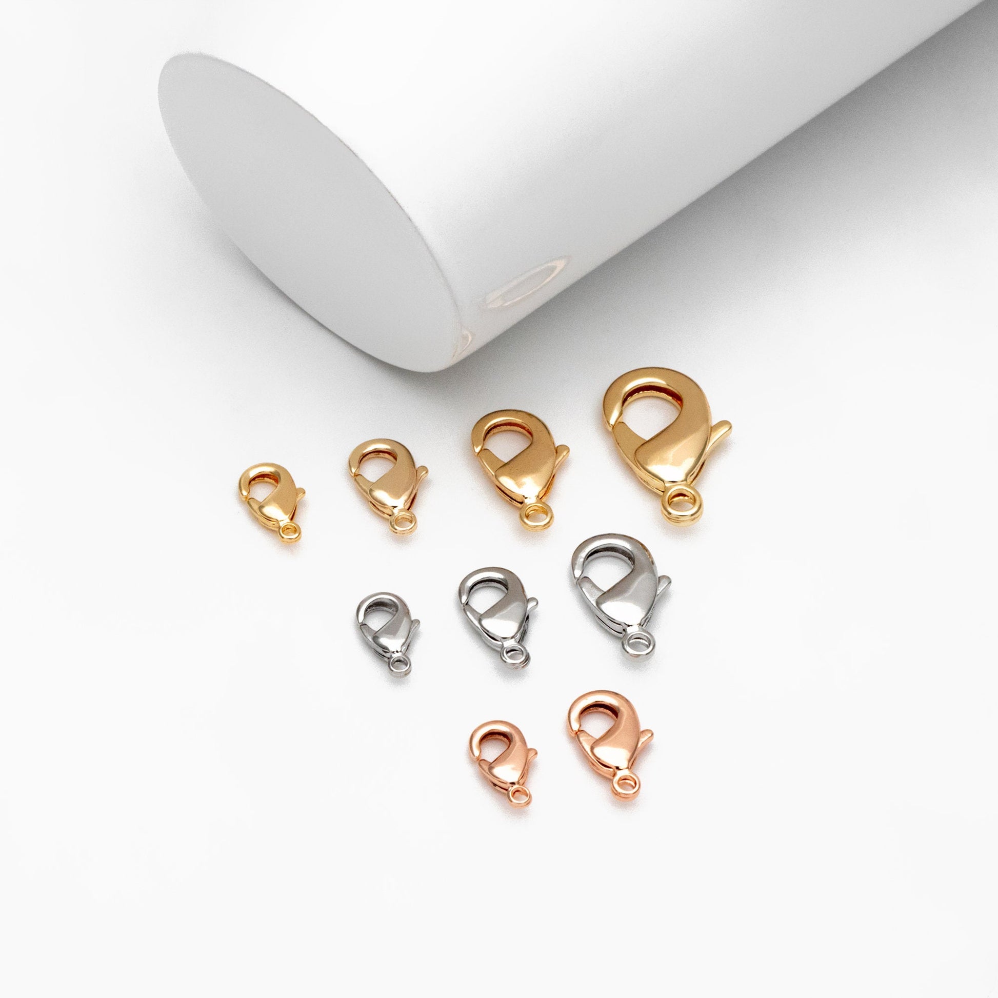 20pcs Gold/ Silver/ Rose Gold Lobster Claw Clasps, 10/ 12/ 15/ 19mm Multi Sizes, Real Gold plated Brass, Necklace Bracelet Clasps (GB-027)