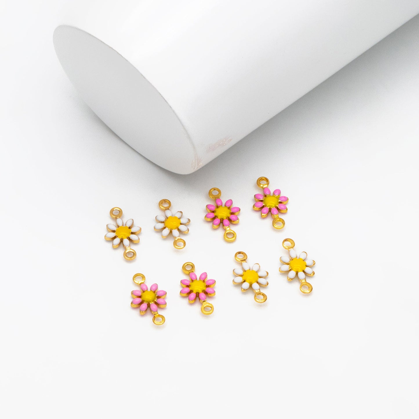 10pcs Gold Enamel Flower Charm Connectors 13x7.5mm, 18K Gold plated Brass, Floral Pendants with Loops (GB-4436)
