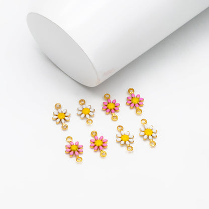 10pcs Gold Enamel Flower Charm Connectors 13x7.5mm, 18K Gold plated Brass, Floral Pendants with Loops (GB-4436)