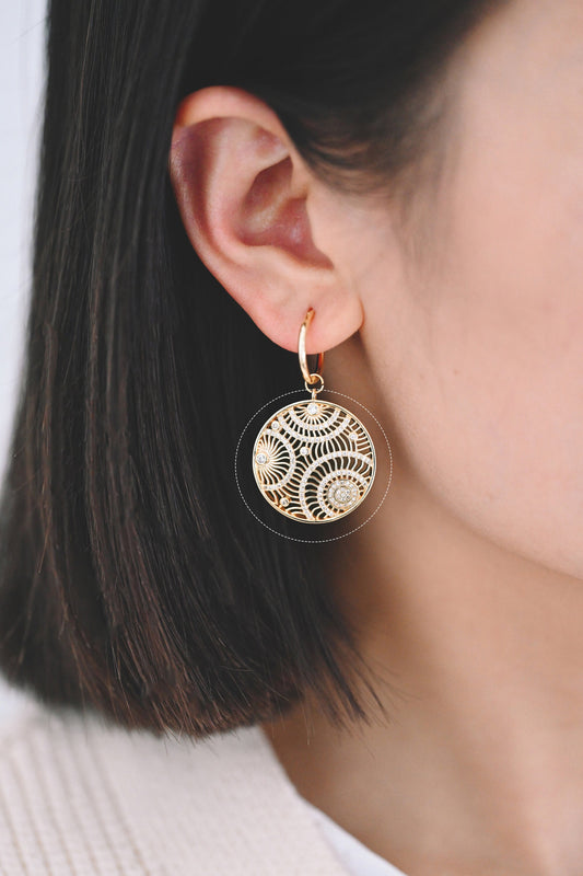 4pcs CZ pave Hollow Round Charm, 18K Gold plated Brass, Filigree Round Pendants (GB-2356)