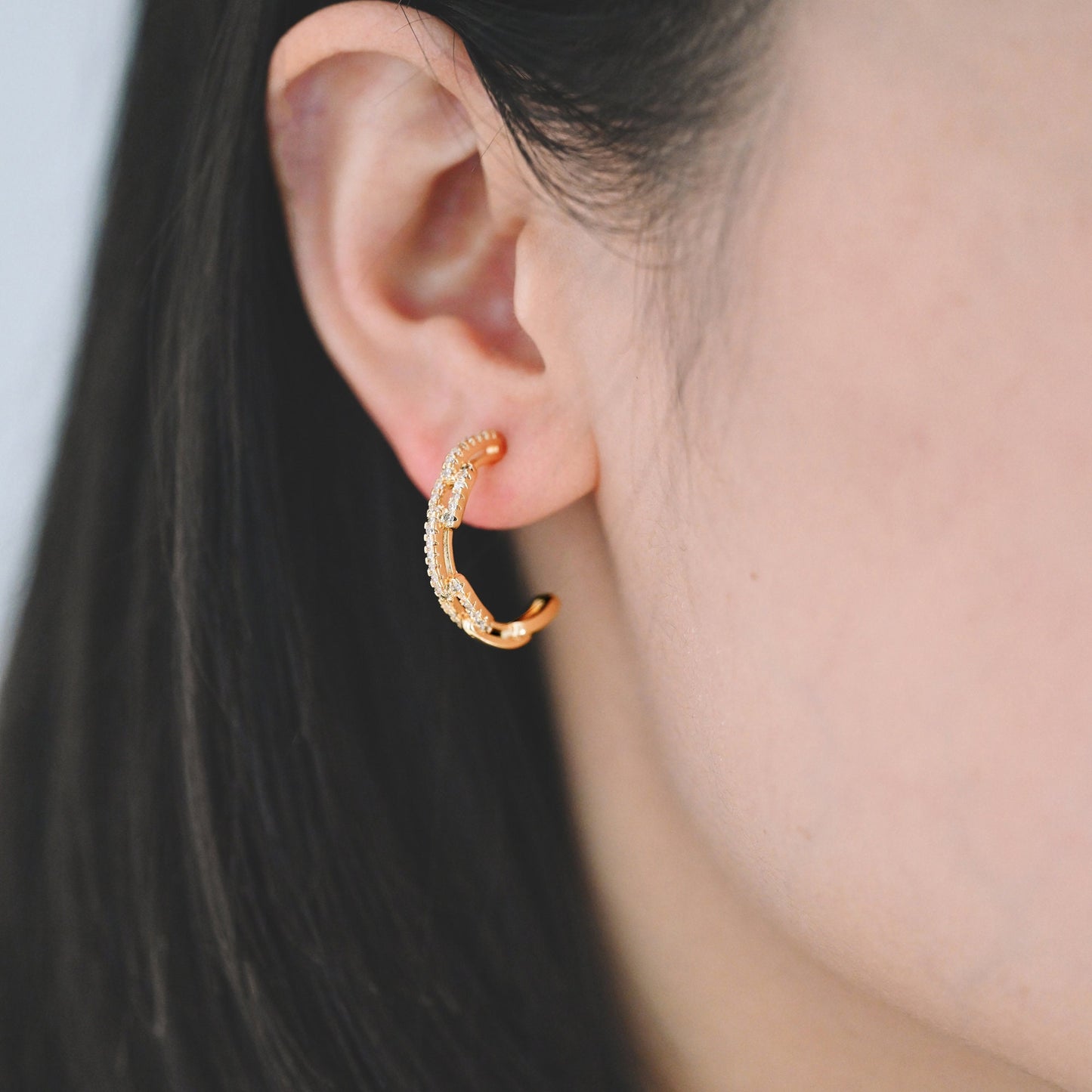 4pcs CZ Pave Gold Chain Earring, Curb Chain Earring, Geometric Hoop Stud Earring (GB-2426)