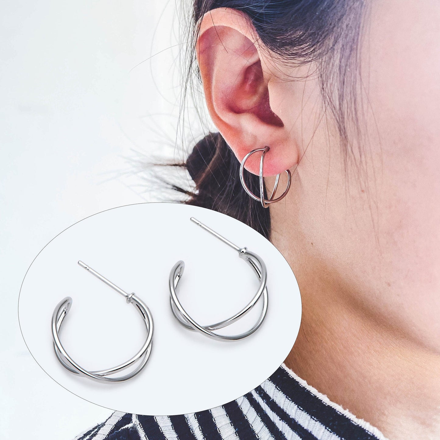 10pcs Geometric Circle Stud Earring, Gold/ Rhodium plated Brass Ear Wire Posts, Circle Size 16/24mm (GB-514)