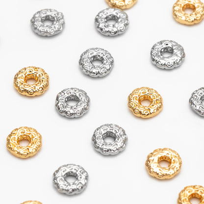 10pcs Gold/ Silver Tone Round Patterned Spacer Beads 6mm, Real Gold/ Rhodium plated Brass Flower Spacer Beads (GB-4365)