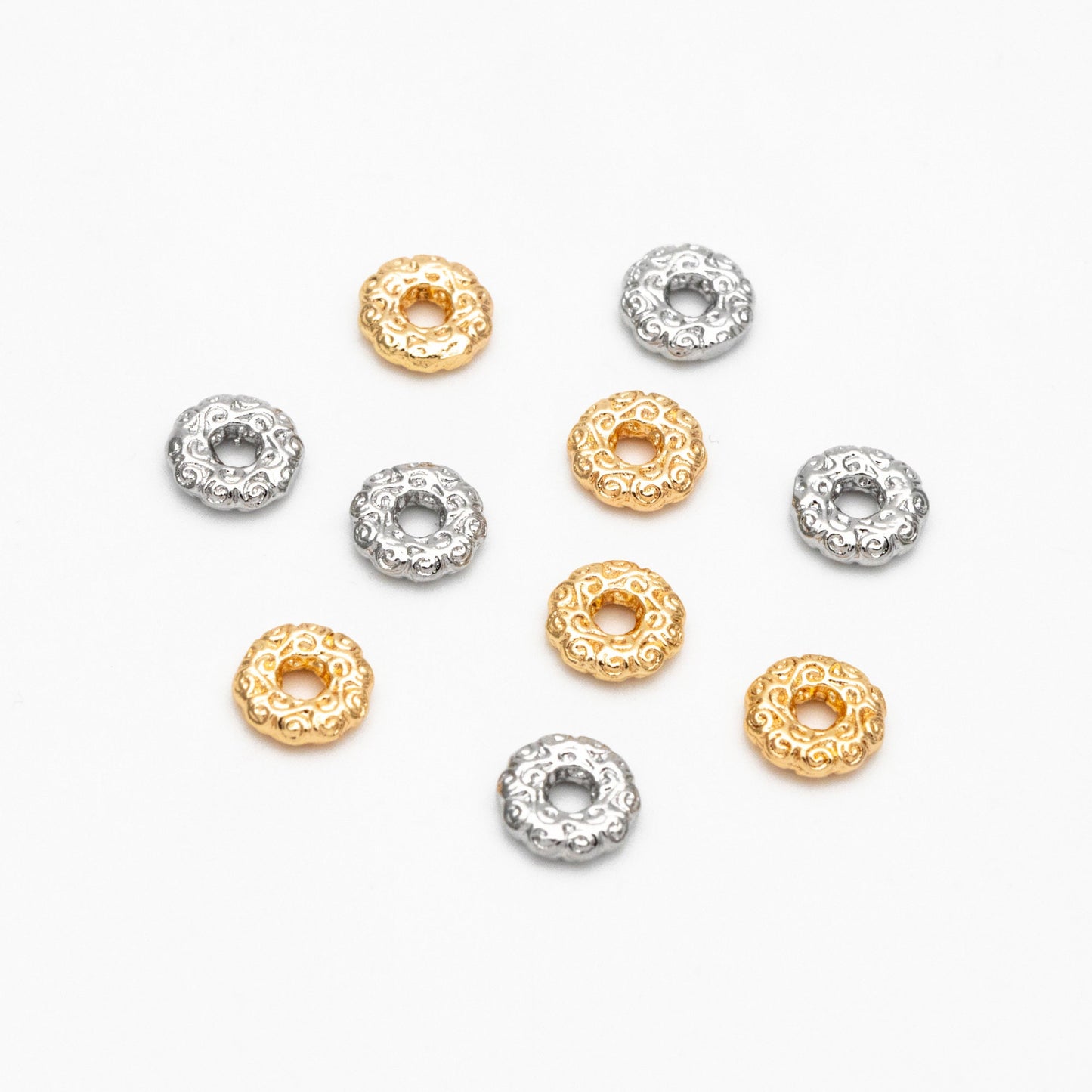 10pcs Gold/ Silver Tone Round Patterned Spacer Beads 6mm, Real Gold/ Rhodium plated Brass Flower Spacer Beads (GB-4365)