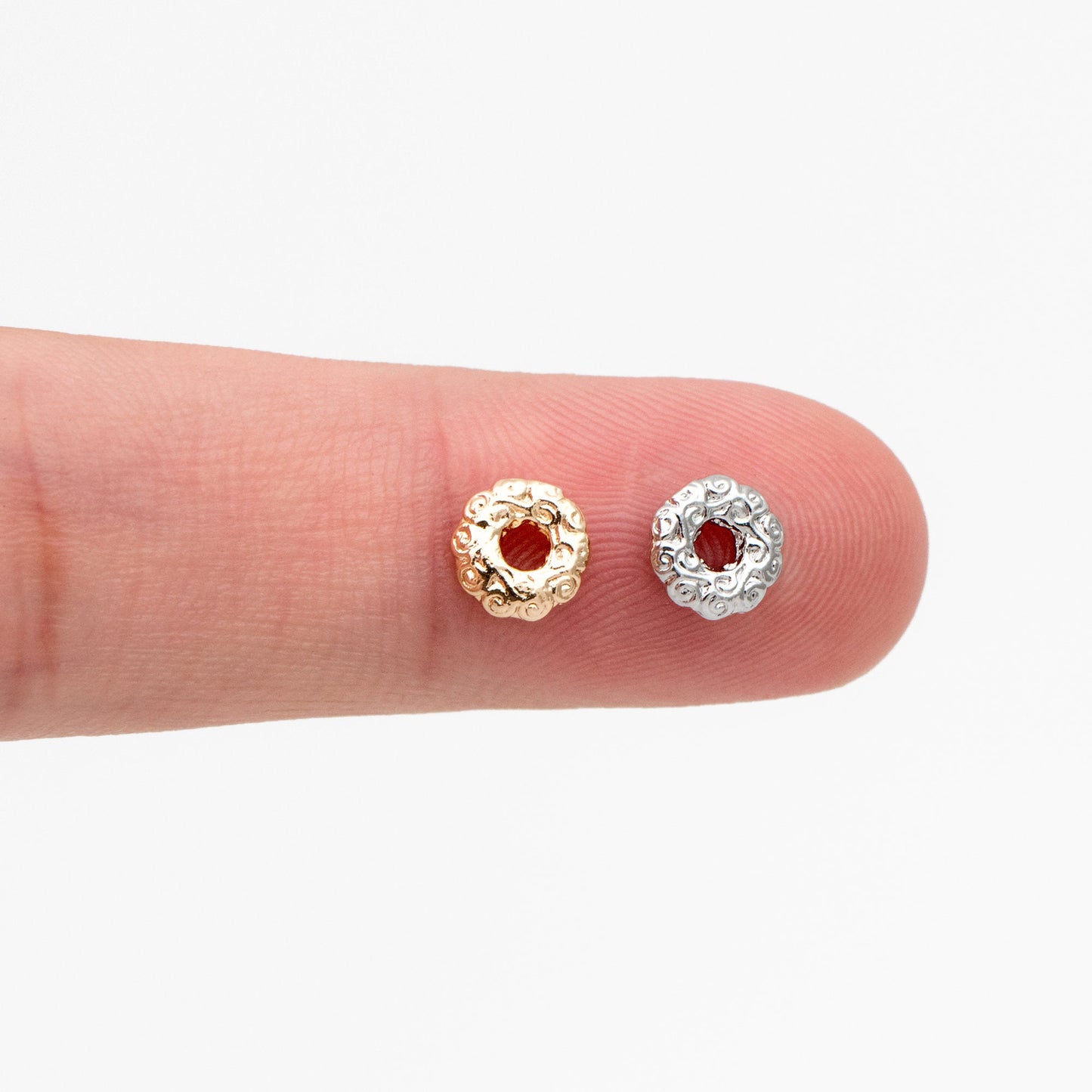 10pcs Gold/ Silver Tone Round Patterned Spacer Beads 6mm, Real Gold/ Rhodium plated Brass Flower Spacer Beads (GB-4365)