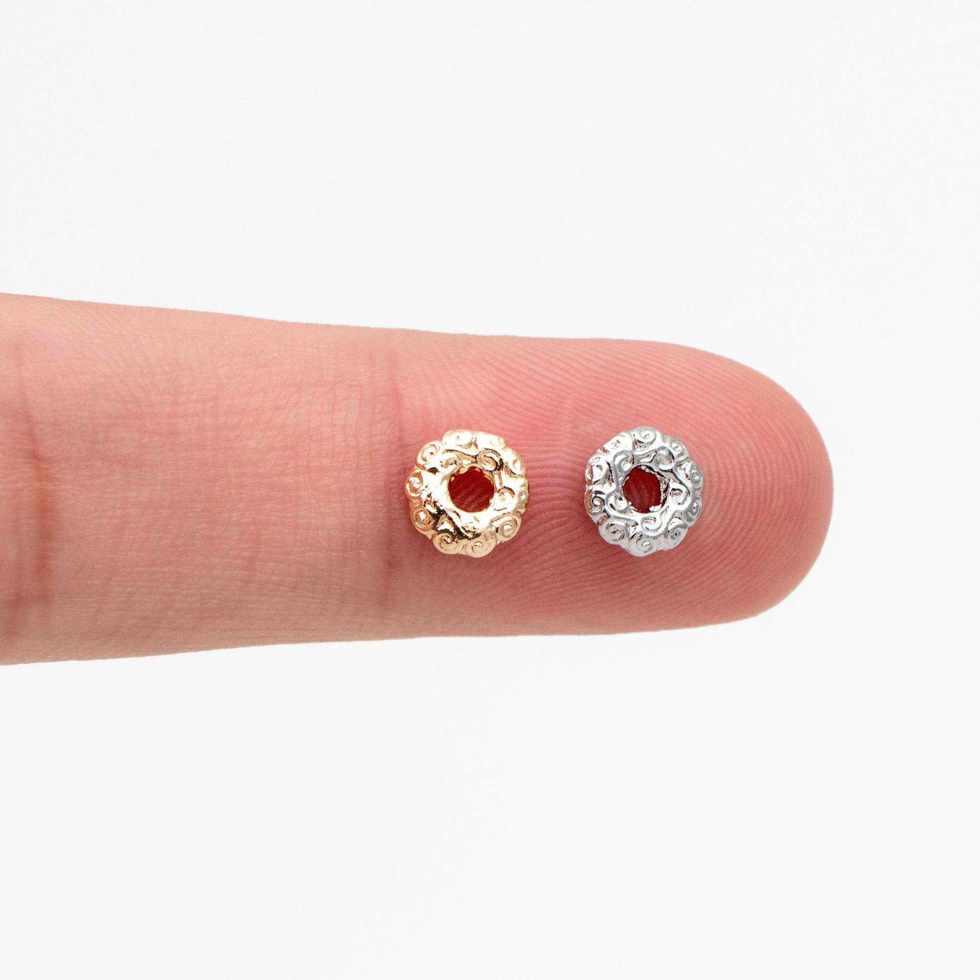 10pcs Gold/ Silver Tone Round Patterned Spacer Beads 6mm, Real Gold/ Rhodium plated Brass Flower Spacer Beads (GB-4365)