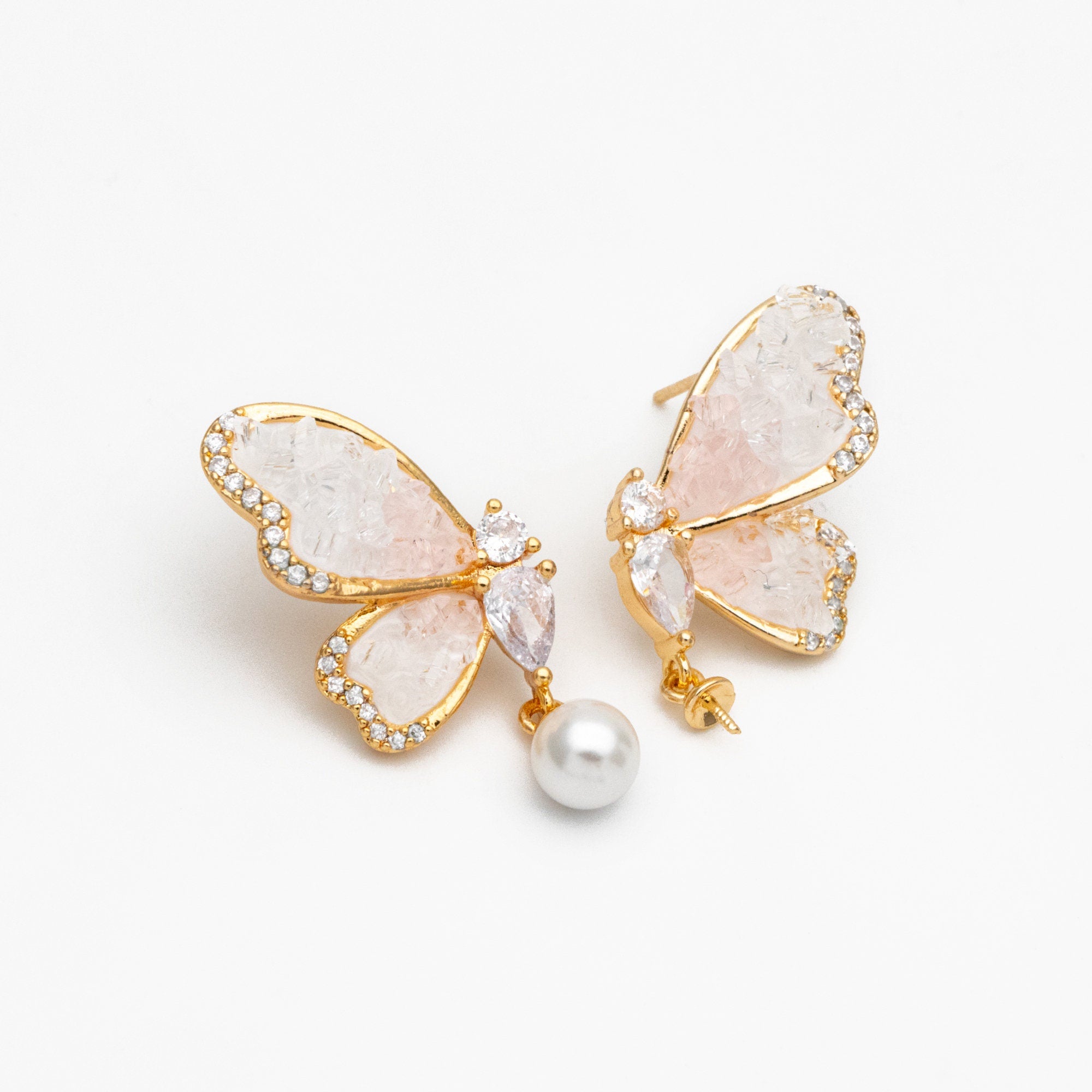 4pcs CZ Pave Gold Crystal Butterfly Earrings With Pearl Peg Earring Mounts, Half Drilled Pearl Earring Settings (GB-4394)