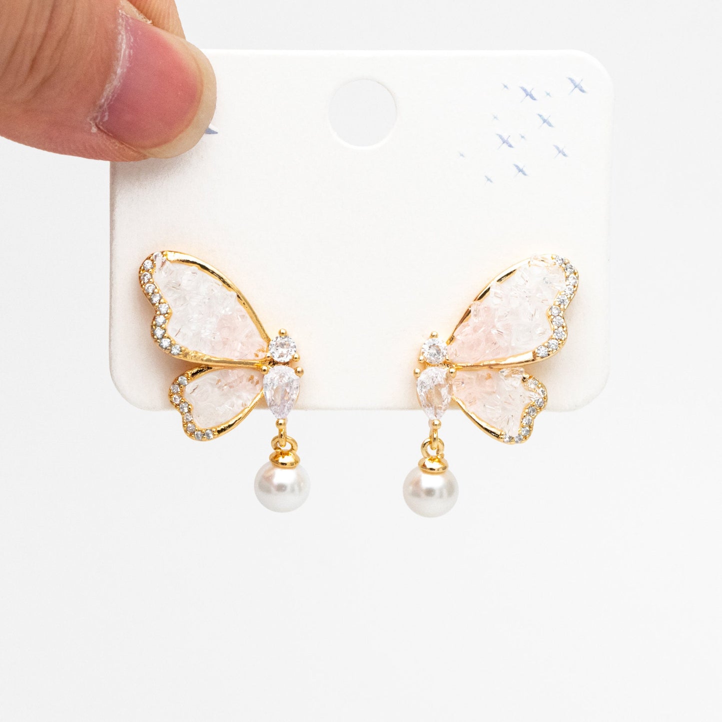 4pcs CZ Pave Gold Crystal Butterfly Earrings With Pearl Peg Earring Mounts, Half Drilled Pearl Earring Settings (GB-4394)