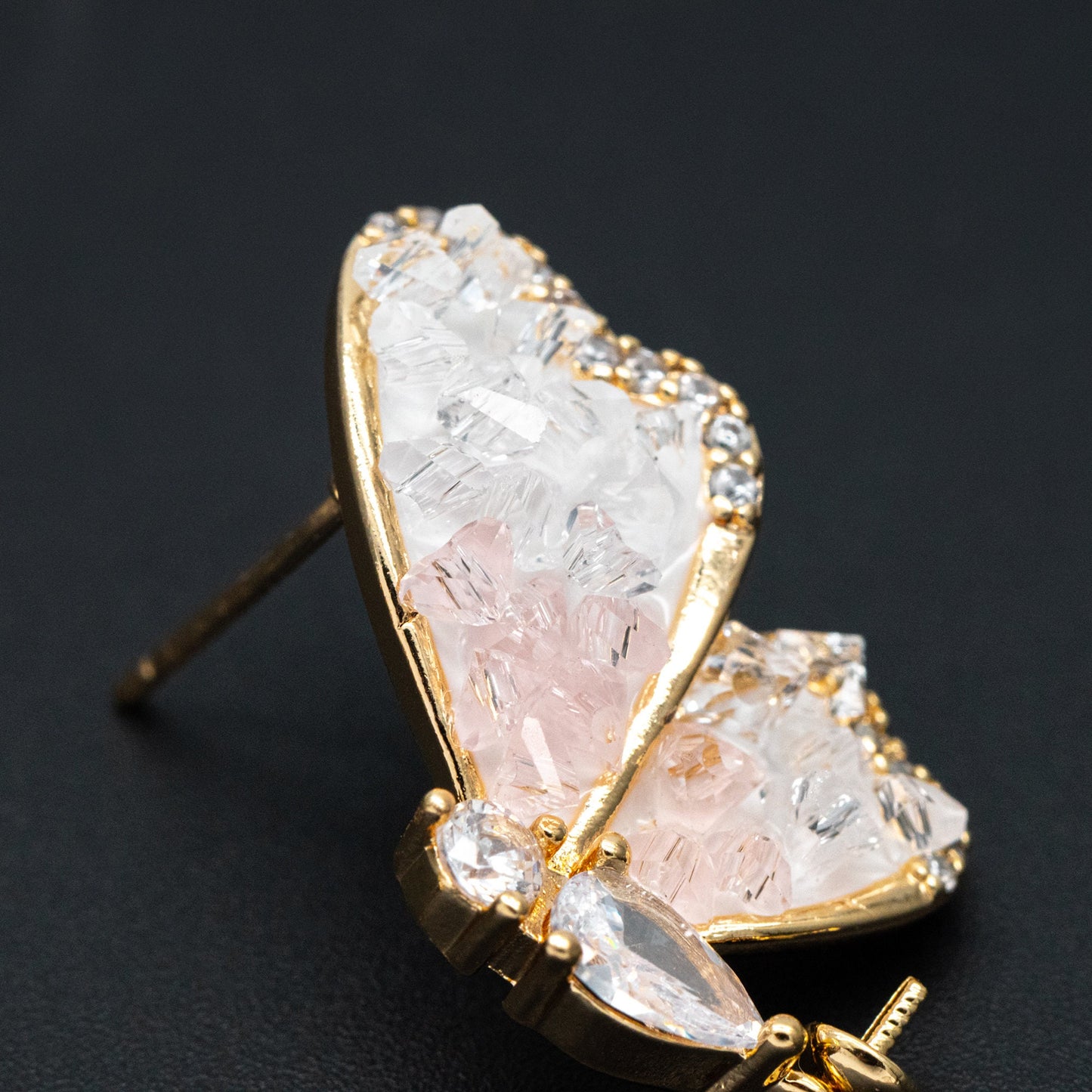 4pcs CZ Pave Gold Crystal Butterfly Earrings With Pearl Peg Earring Mounts, Half Drilled Pearl Earring Settings (GB-4394)