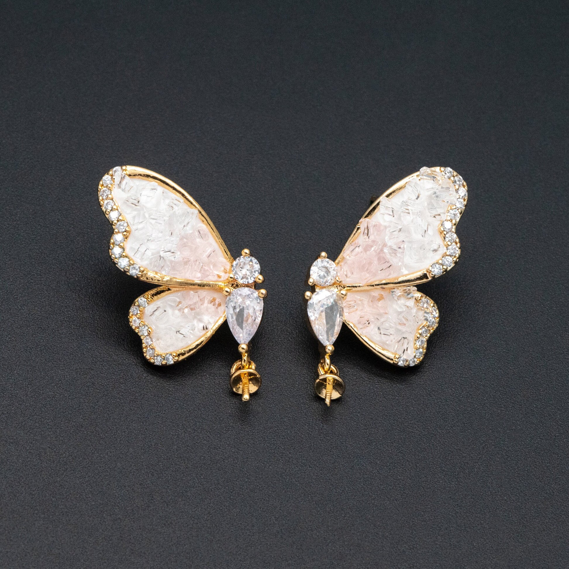 4pcs CZ Pave Gold Crystal Butterfly Earrings With Pearl Peg Earring Mounts, Half Drilled Pearl Earring Settings (GB-4394)