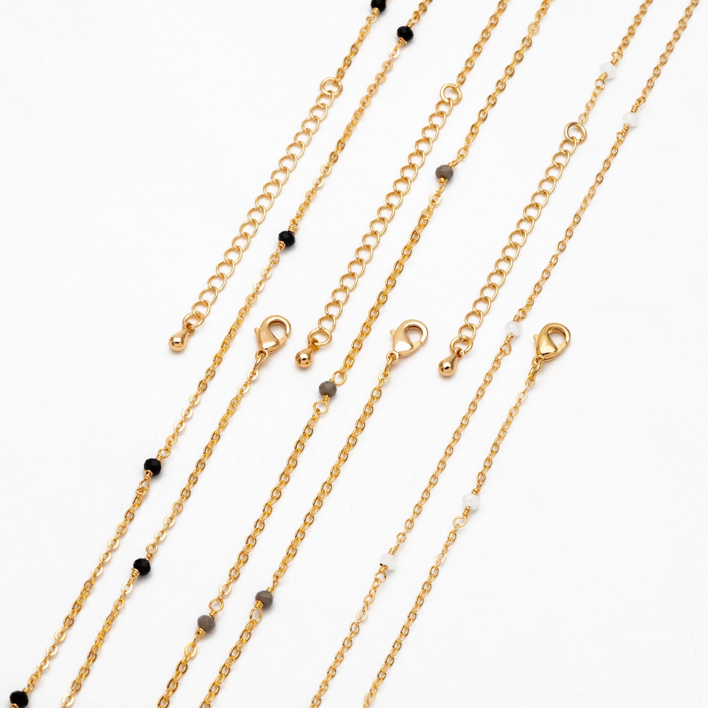Black/ Grey/ White Crystal Bead Chains, Finished Bracelet/ Anklet/ Necklace with Extender Chain, Gold plated Brass, Ready to Wear (#LK-145)