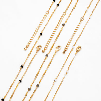 Black/ Grey/ White Crystal Bead Chains, Finished Bracelet/ Anklet/ Necklace with Extender Chain, Gold plated Brass, Ready to Wear (#LK-145)