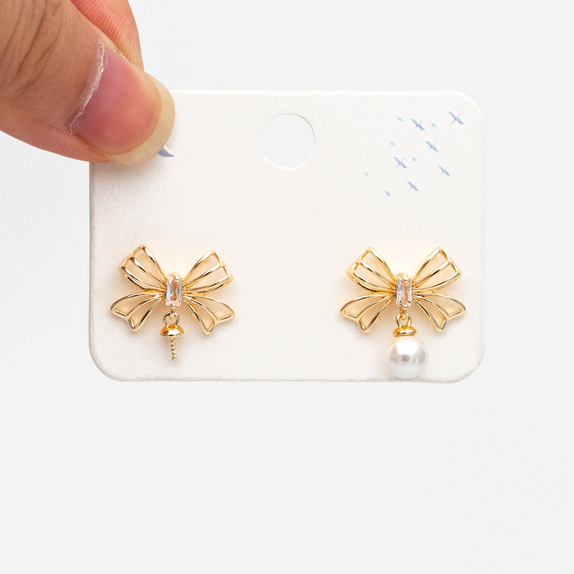 4pcs CZ Pave Gold Bowknot Earrings With Pearl Peg, Pearl Earring Mounts, Half Drilled Pearls Earring Settings (GB-4438)