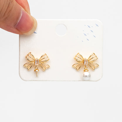 4pcs CZ Pave Gold Bowknot Earrings With Pearl Peg, Pearl Earring Mounts, Half Drilled Pearls Earring Settings (GB-747-E)
