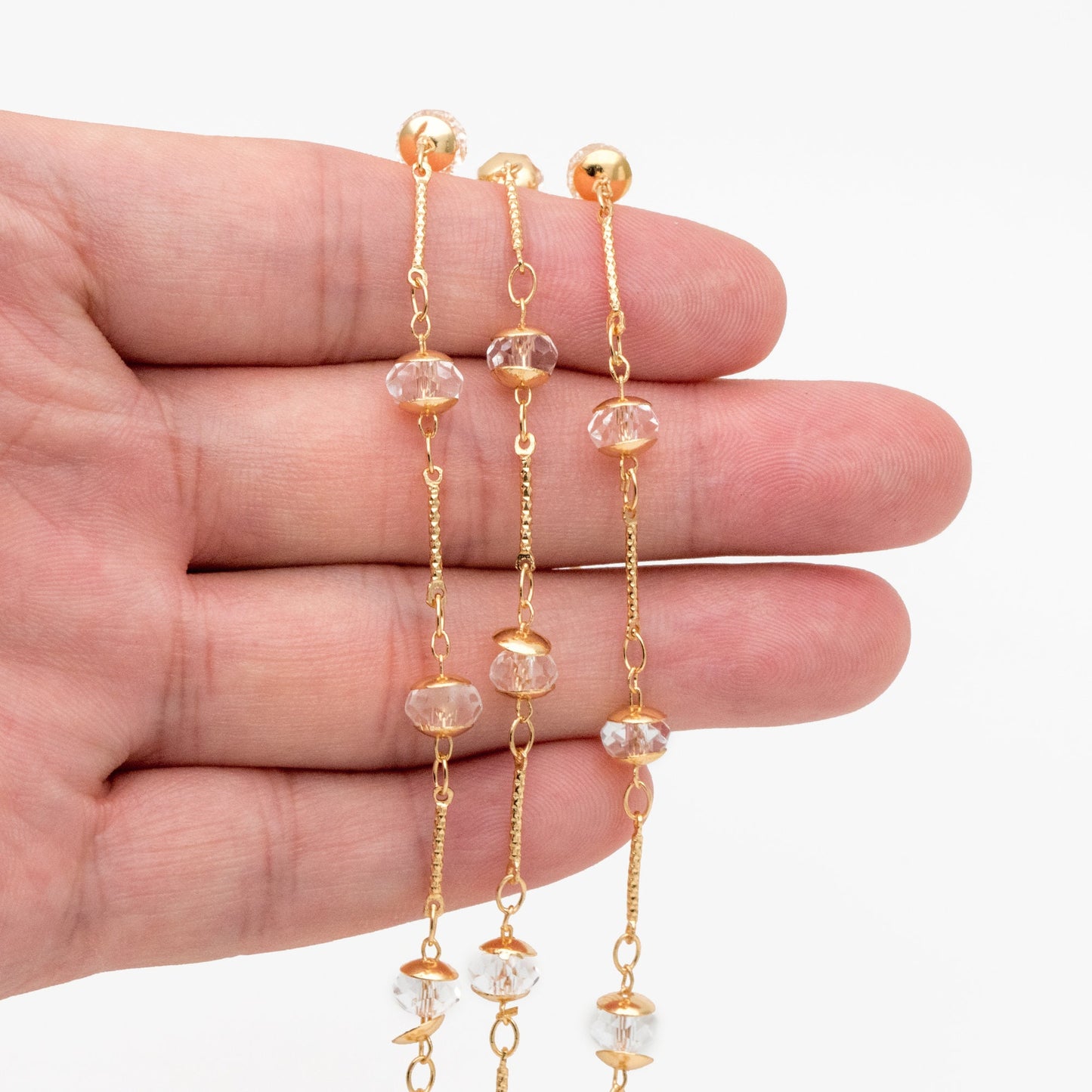 Gold Crystal Beaded Chain, 18K Gold plated Brass Chain with Crystal Rondelle Beads (#LK-216-1)/ 1 Meter=3.3ft