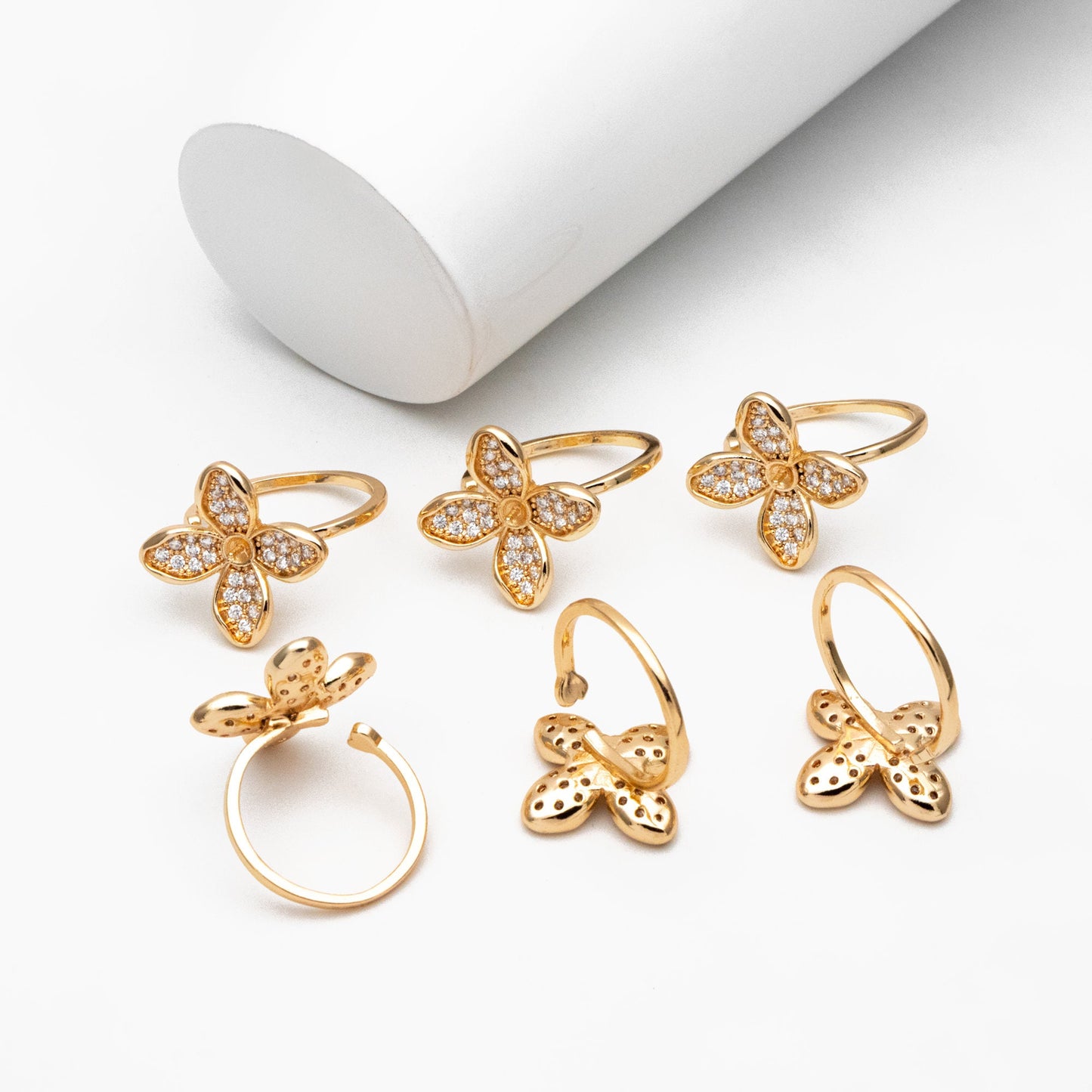 4pcs CZ Pave Gold Flower Ring, Adjustable Ring Mounting, Pearl Ring Setting (#GB-4439)