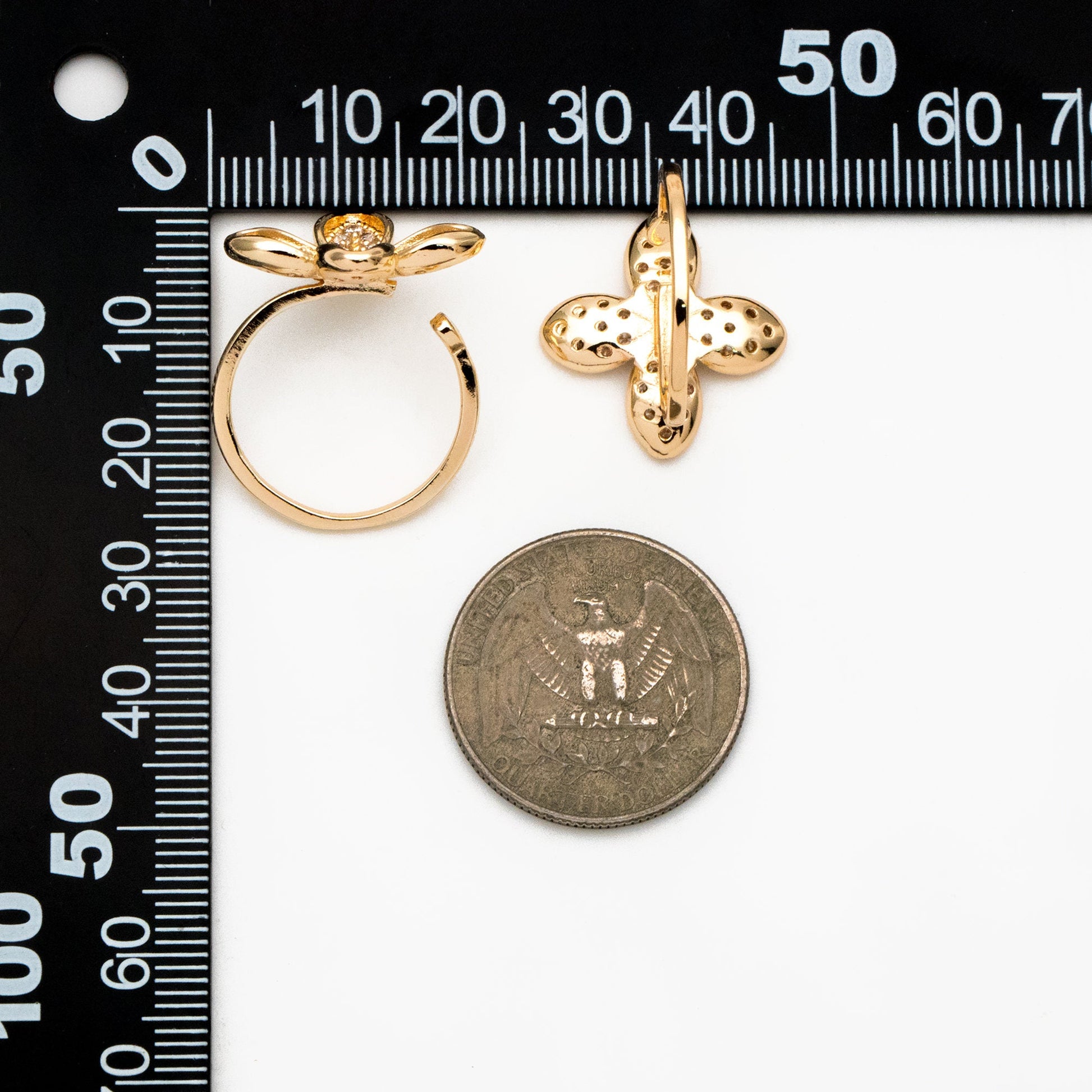 4pcs CZ Pave Gold Flower Ring, Adjustable Ring Mounting, Pearl Ring Setting (#GB-4439)