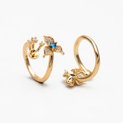 4pcs Blue CZ Pave Gold Flower Ring, Adjustable Ring Mounting, Pearl Ring Setting (#GB-4440)