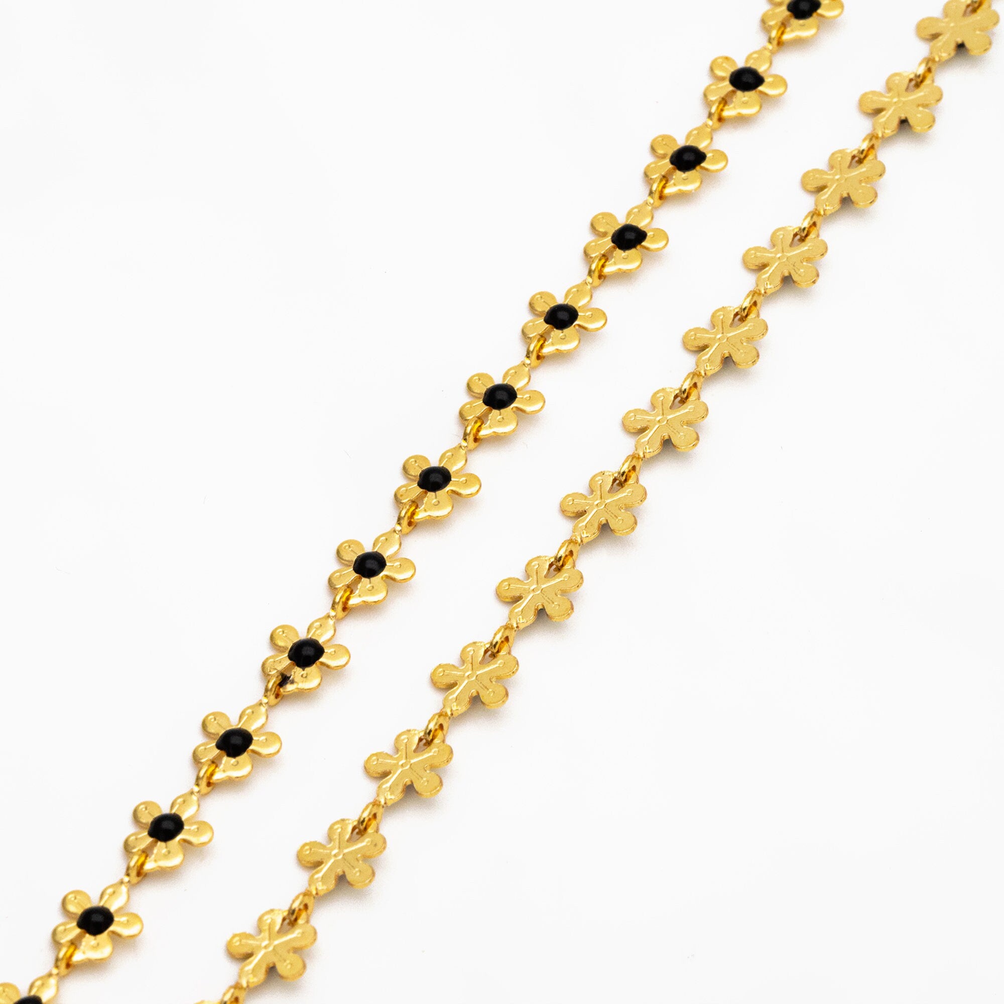 Enamel White/ Black Flower Chain, Gold Plated Brass Designer Chain 6mm, Floral Link Chain Findings (#LK-616)/ 1 Meter=3.3ft