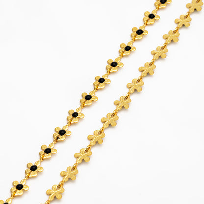 Enamel White/ Black Flower Chain, Gold Plated Brass Designer Chain 6mm, Floral Link Chain Findings (#LK-616)/ 1 Meter=3.3ft