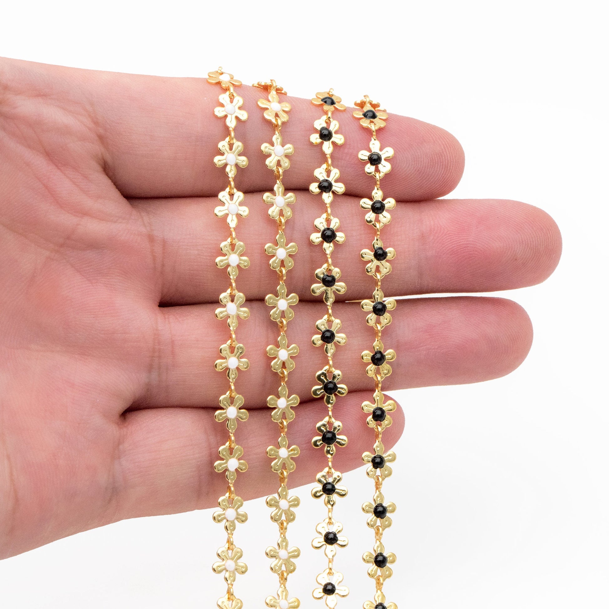 Enamel White/ Black Flower Chain, Gold Plated Brass Designer Chain 6mm, Floral Link Chain Findings (#LK-616)/ 1 Meter=3.3ft
