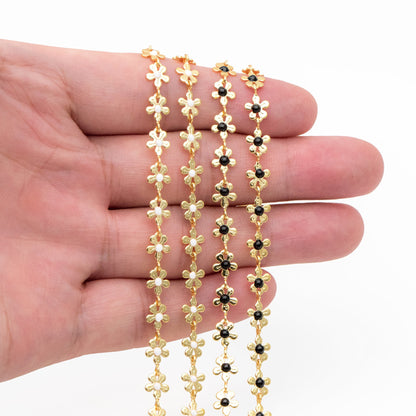 Enamel White/ Black Flower Chain, Gold Plated Brass Designer Chain 6mm, Floral Link Chain Findings (#LK-616)/ 1 Meter=3.3ft