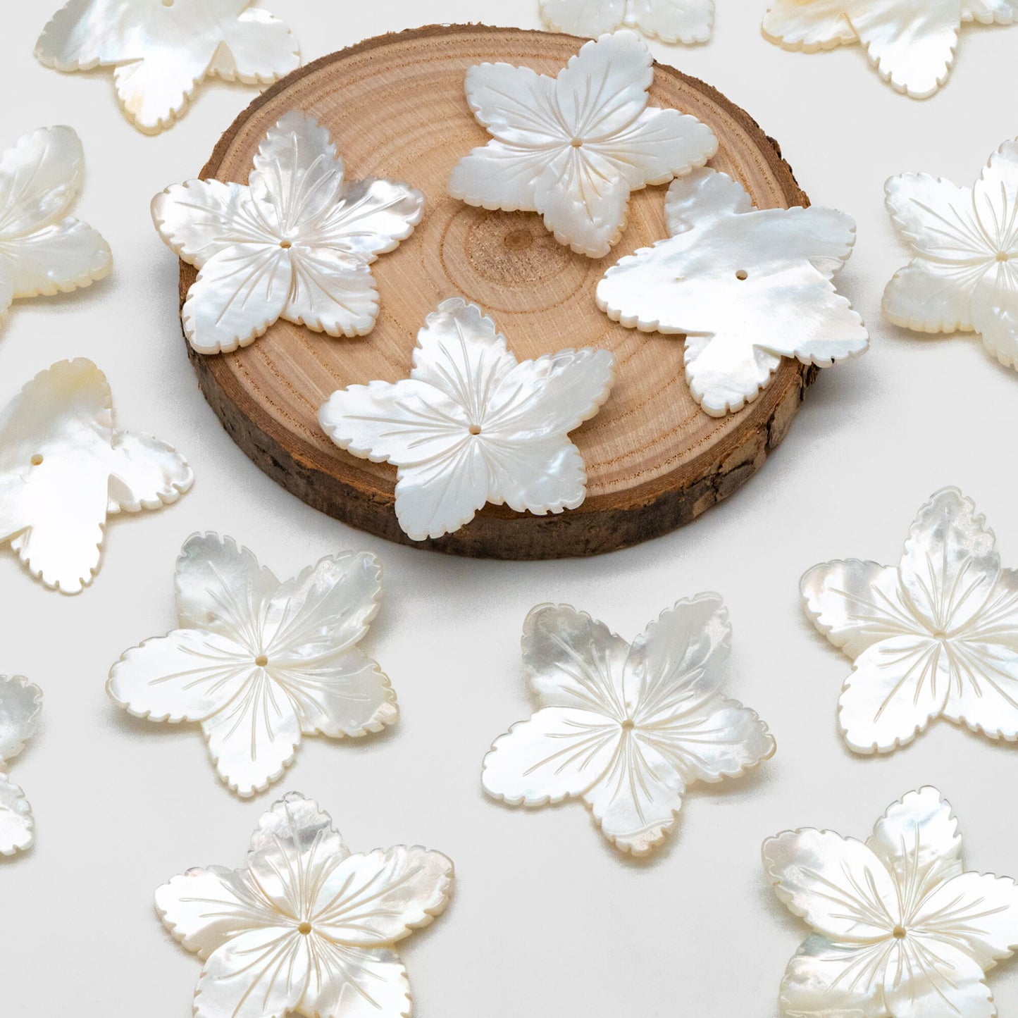 10pcs White Mother of Pearl Carved Flowers 35-43mm, Unique Large Shell Flowers (V1162)