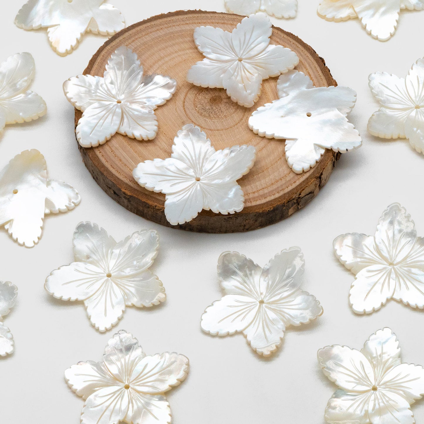 10pcs White Mother of Pearl Carved Flowers 35-43mm, Unique Large Shell Flowers (V1162)