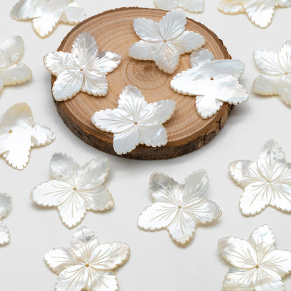 10pcs White Mother of Pearl Carved Flowers 35-43mm, Unique Large Shell Flowers (V1162)