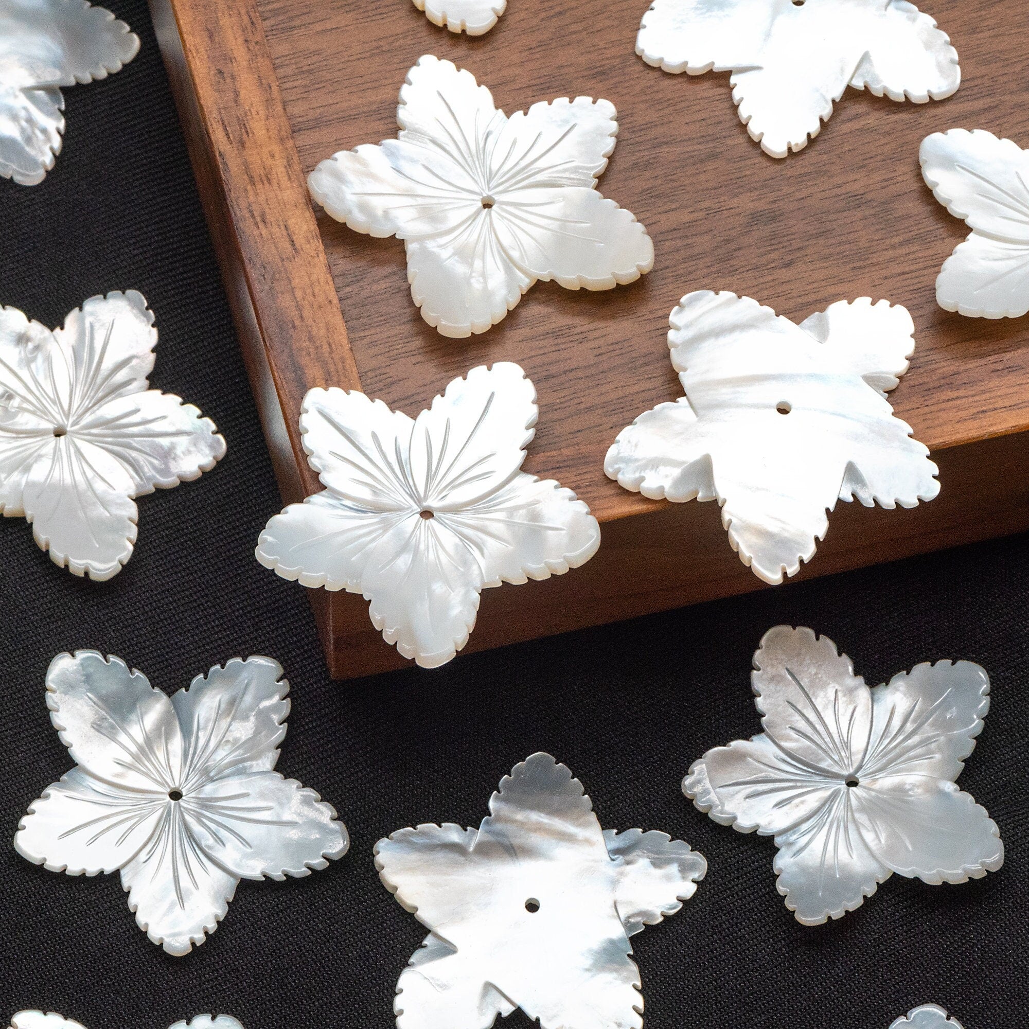 10pcs White Mother of Pearl Carved Flowers 35-43mm, Unique Large Shell Flowers (V1162)