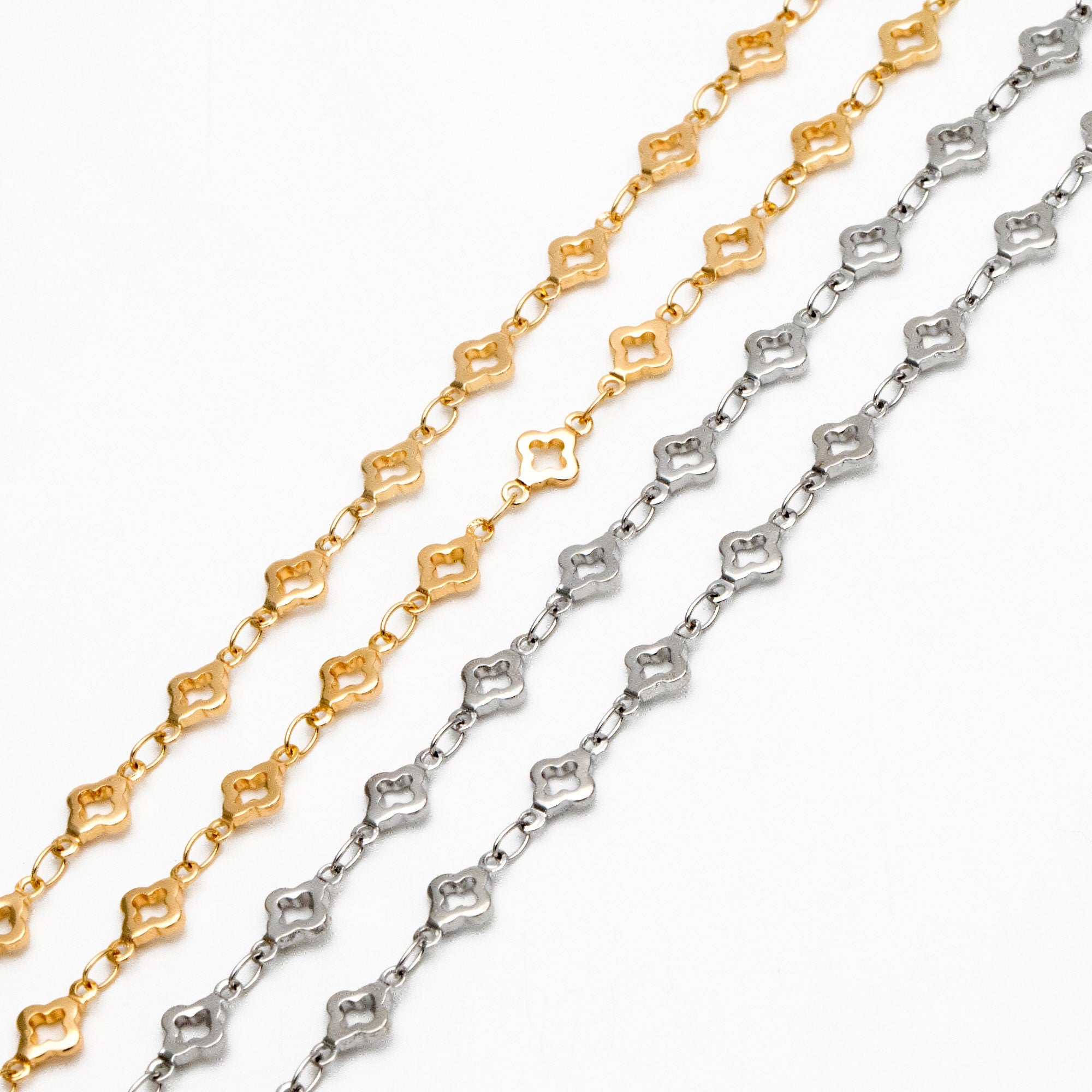 Gold/ Silver Tone Four Leaf Clover Beaded Chain 5.6mm, Gold/ Rhodium plated Brass, Quality Chain for DIY Jewelry (#LK-605)/ 1 Meter=3.3 ft