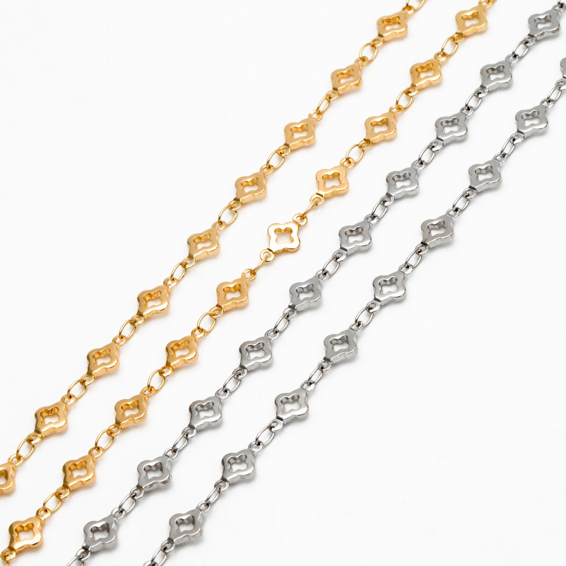 Gold/ Silver Tone Four Leaf Clover Beaded Chain 5.6mm, Gold/ Rhodium plated Brass, Quality Chain for DIY Jewelry (#LK-605)/ 1 Meter=3.3 ft