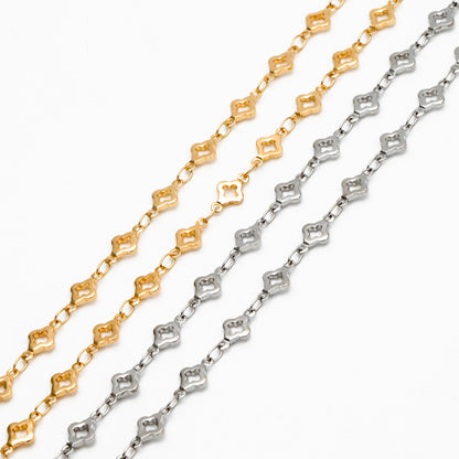 Gold/ Silver Tone Four Leaf Clover Beaded Chain 5.6mm, Gold/ Rhodium plated Brass, Quality Chain for DIY Jewelry (#LK-605)/ 1 Meter=3.3 ft