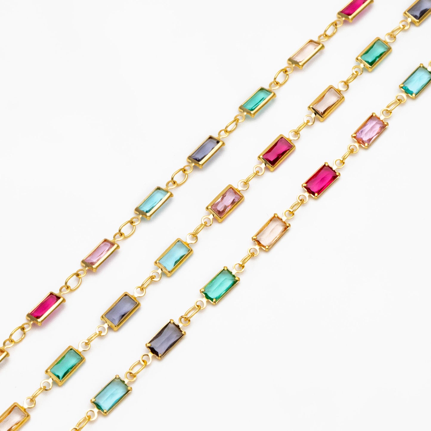 Gold Plated Beaded Chain: Mix Rainbow Color Crystal Rectangle Link (1 Meter=3.3 feet) (LK-609)