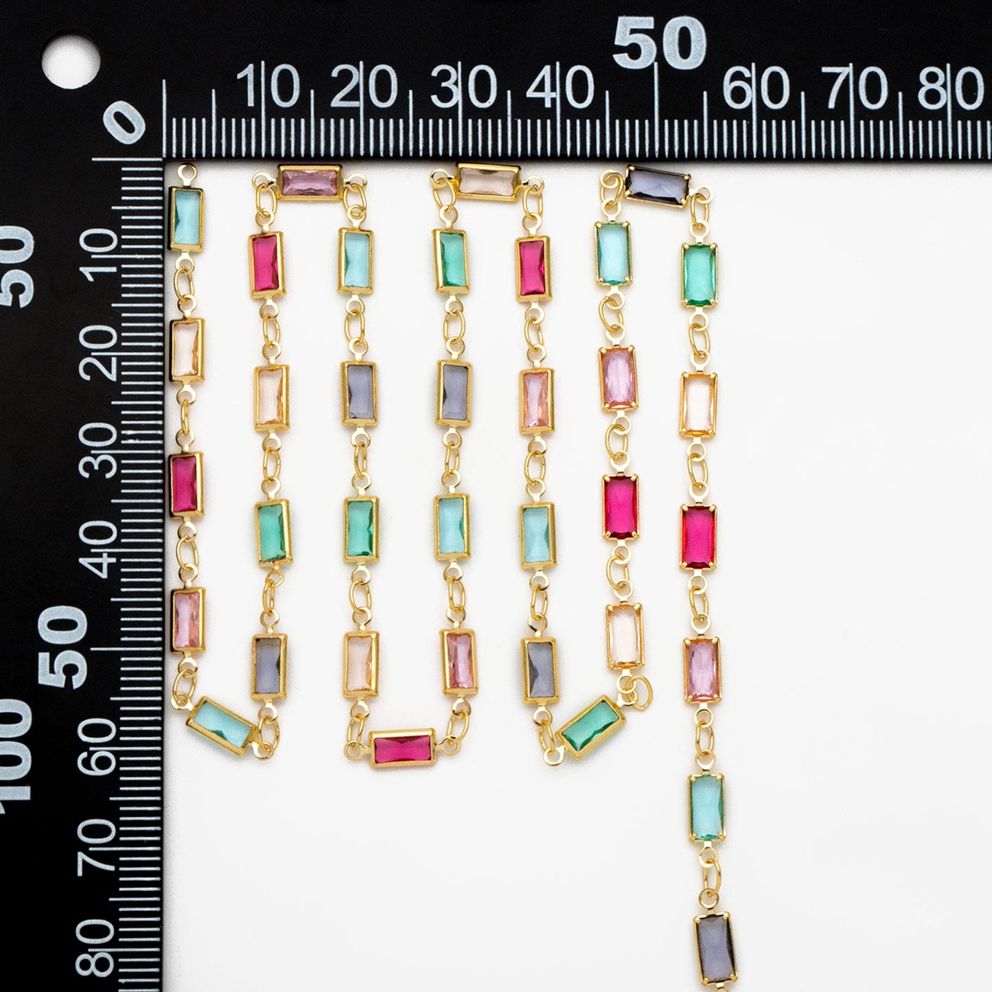 Gold Plated Beaded Chain: Mix Rainbow Color Crystal Rectangle Link (1 Meter=3.3 feet) (LK-609)