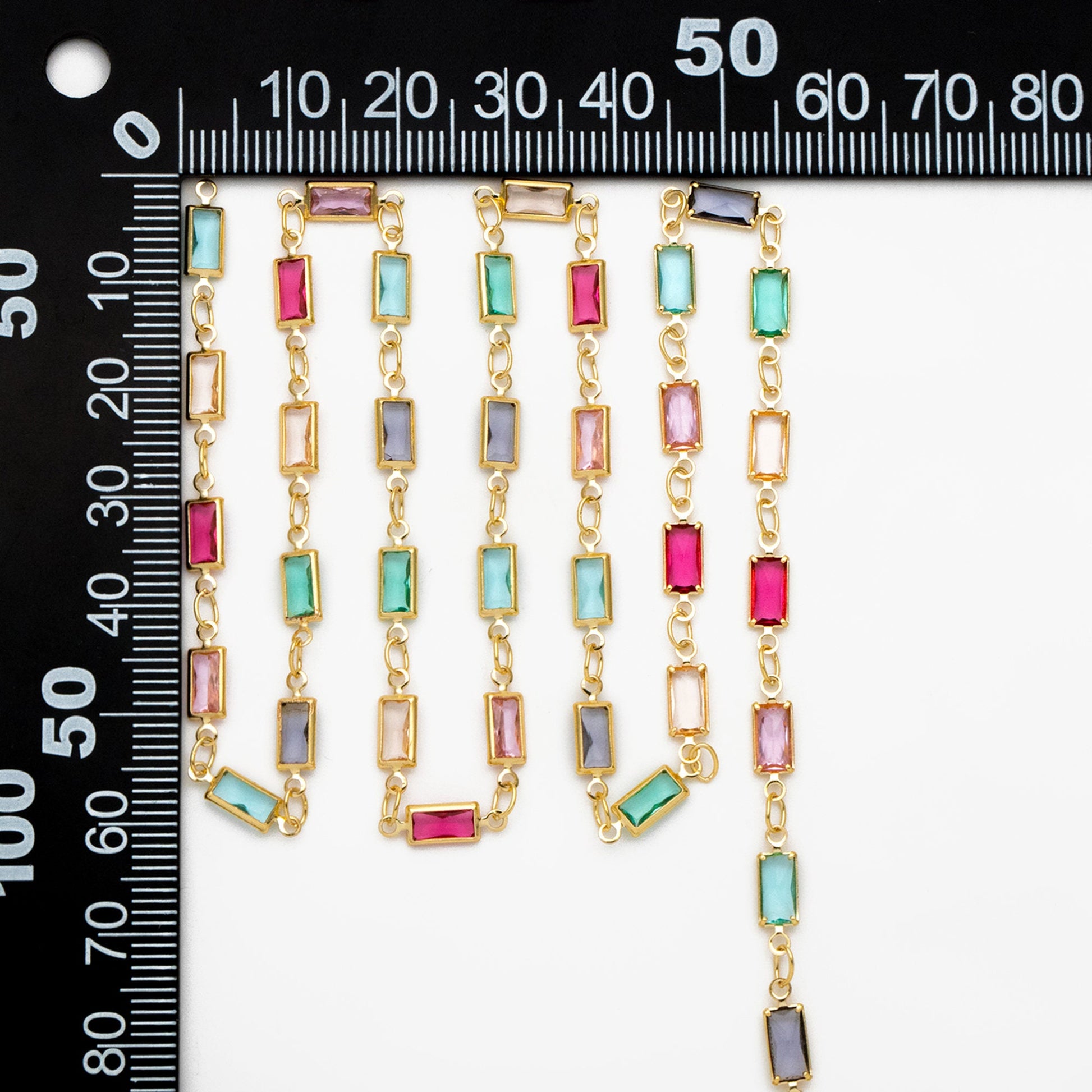 Gold Plated Beaded Chain: Mix Rainbow Color Crystal Rectangle Link (1 Meter=3.3 feet) (LK-609)