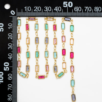 Gold Plated Beaded Chain: Mix Rainbow Color Crystal Rectangle Link (1 Meter=3.3 feet) (LK-609)