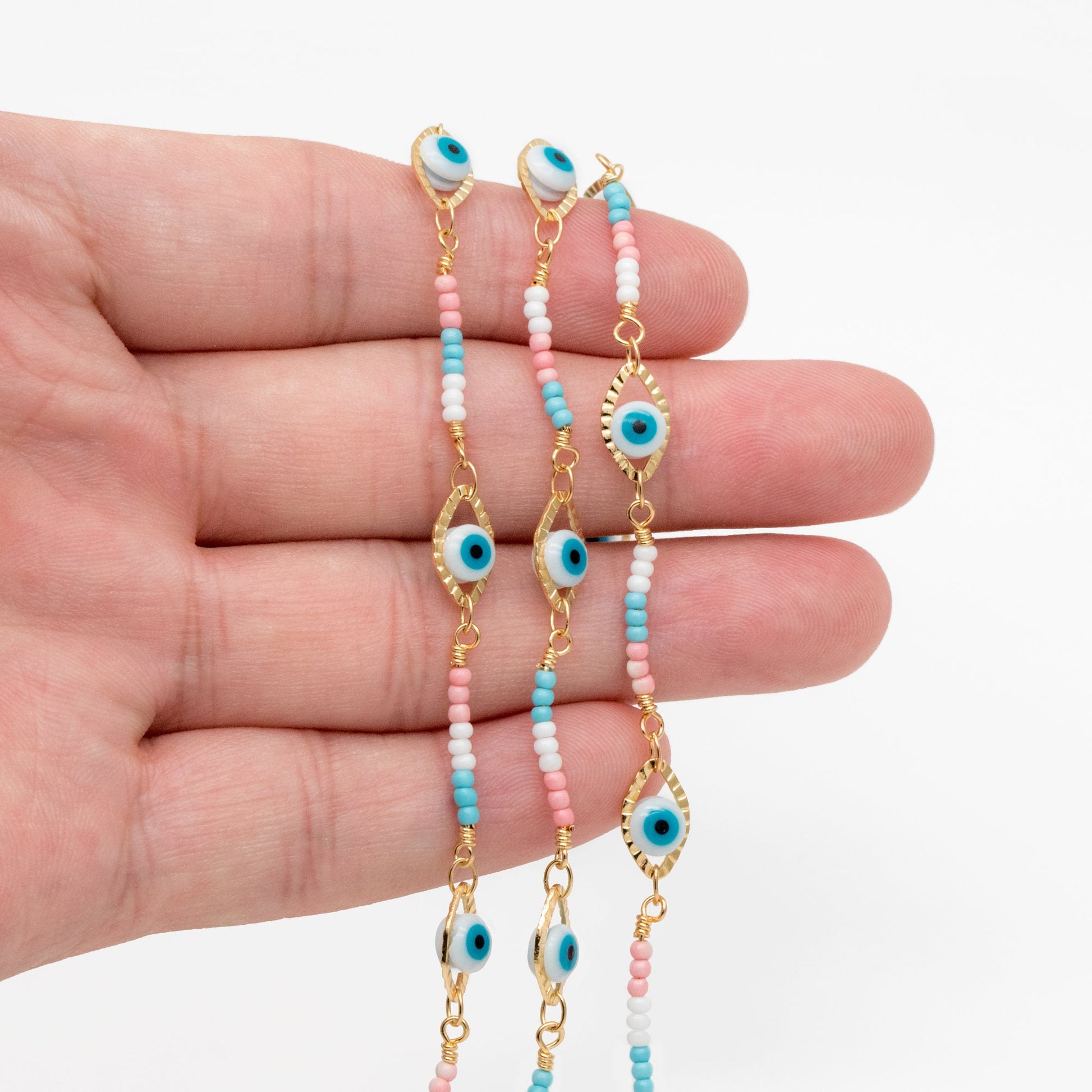 Gold Evil Eye Chain with Seed Beads, 18K Gold plated Brass, Designer Chain Wholesale (#LK-611)/ 1 Meter=3.3 ft