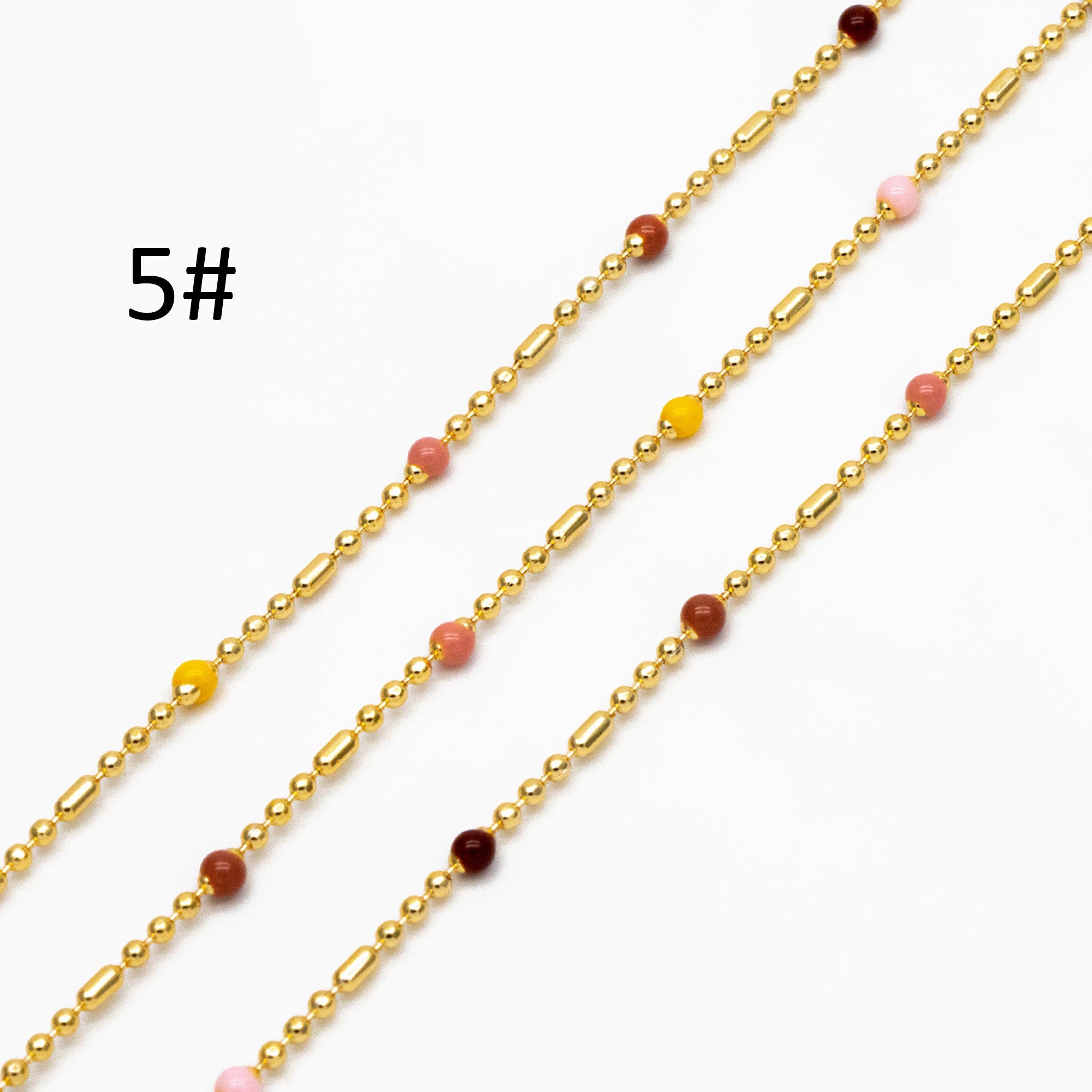 Mix Color Enamel Bead Chains: Gold Plated Brass Rainbow Chain, (#LK-579)/ 1 Meter