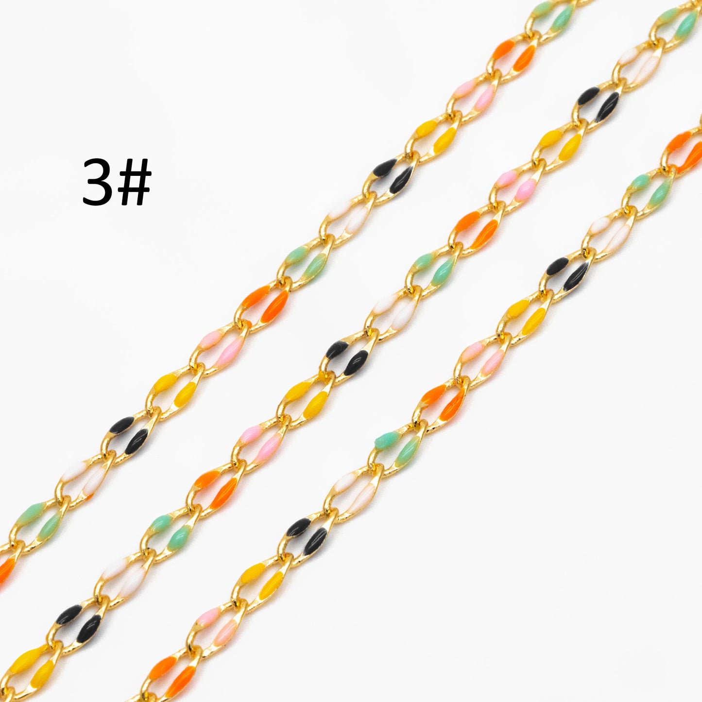 Mix Color Enamel Curb Chains 3mm, Real Gold Plated Brass, DIY Jewelry Findings (#LK-606)/ 1 Meter=3.3 ft