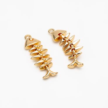 4pcs Gold Fishbone Charms, Gold Plated Brass Fishbone Pendant, Skeleton Pendant (GB-2936-D)