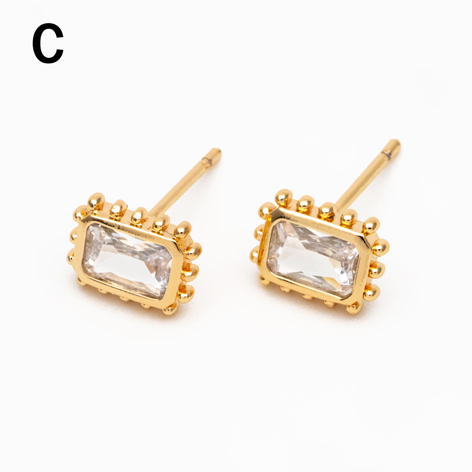 4pcs CZ Pave Gold Teardrop/ Heart/ Rectangle Earrings, 18K Gold Plated Brass, Dainty Geometric Stud Earrings (GB-4255)