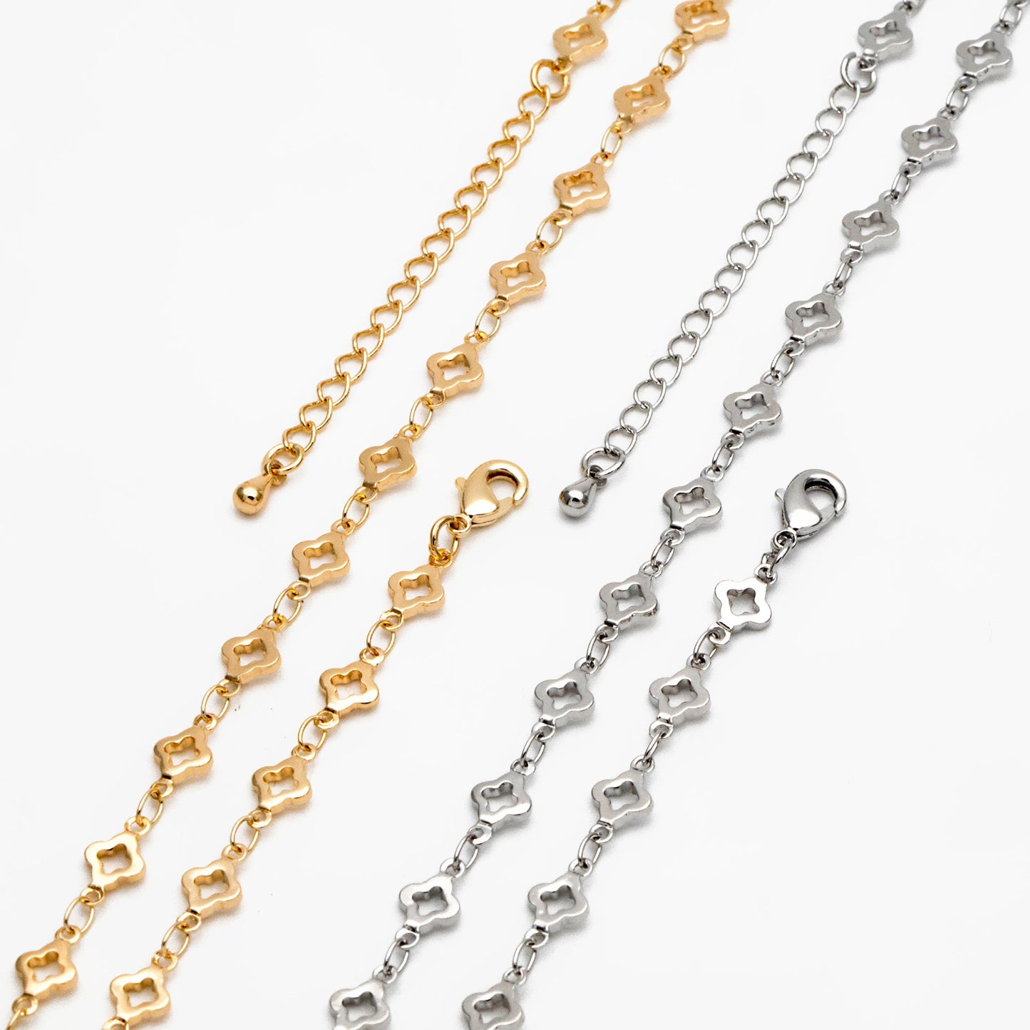 Gold/ Silver Tone Four Leaf Clover Beaded Chain 5.6mm, Finished Bracelet/ Anklet/ Necklace with Extender Chain, Ready to Wear (#LK-605)