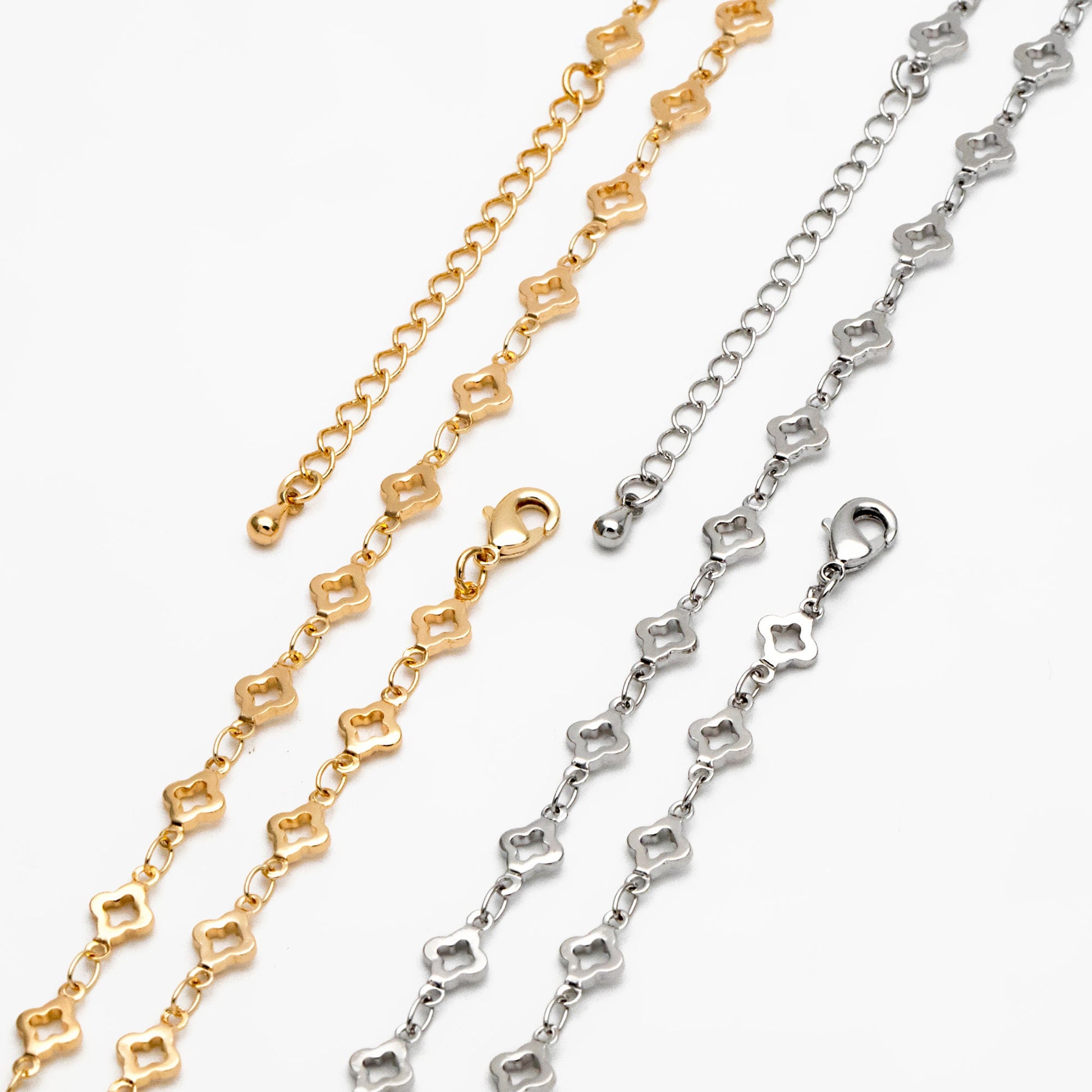 Gold/ Silver Tone Four Leaf Clover Beaded Chain 5.6mm, Finished Bracelet/ Anklet/ Necklace with Extender Chain, Ready to Wear (#LK-605)