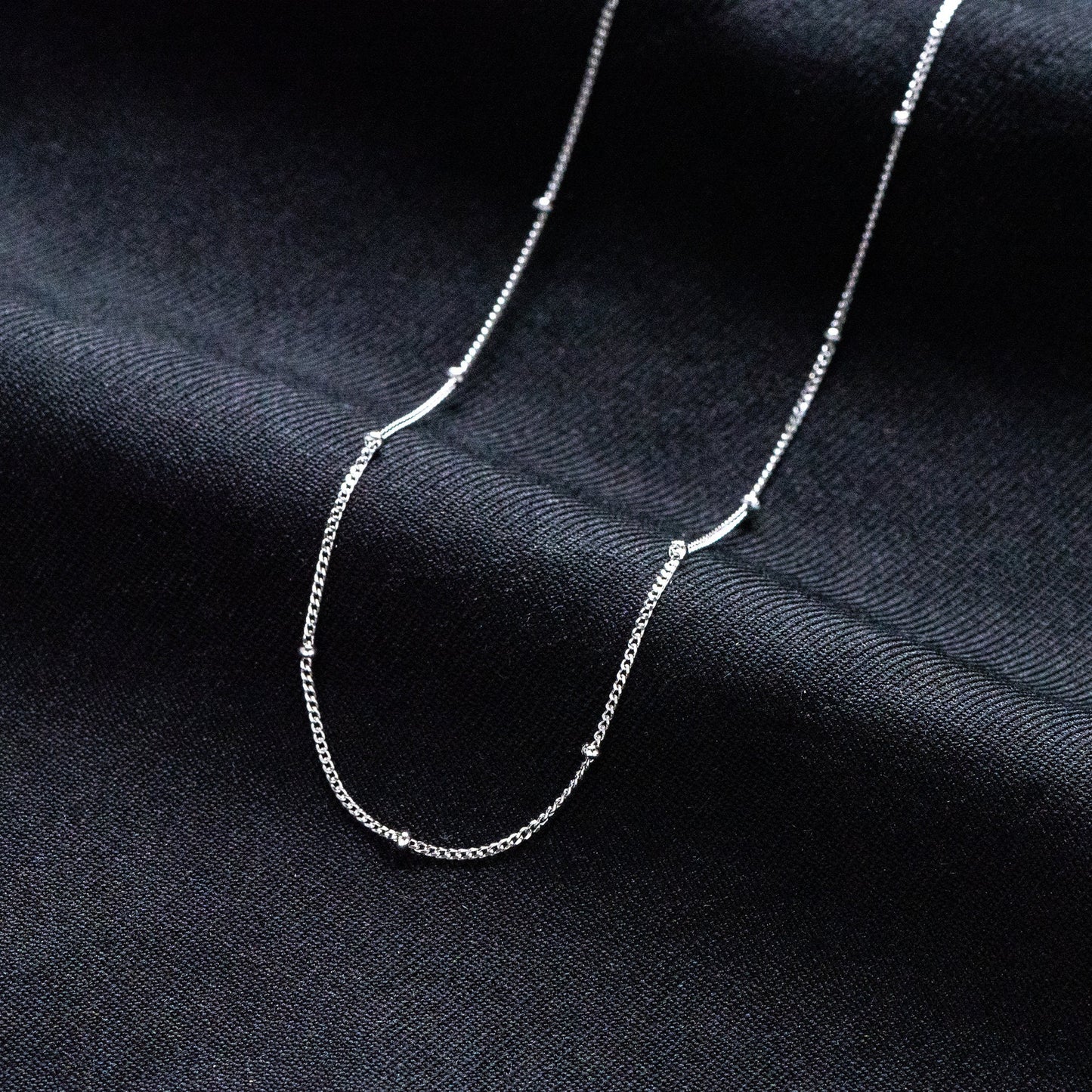 Sterling Silver .925 Beaded Necklaces, Rhodium plated Chains, 1mm Curb Chain with 1.8mm Round Beads, 16-18 Inch Ready to Wear (CY-050)