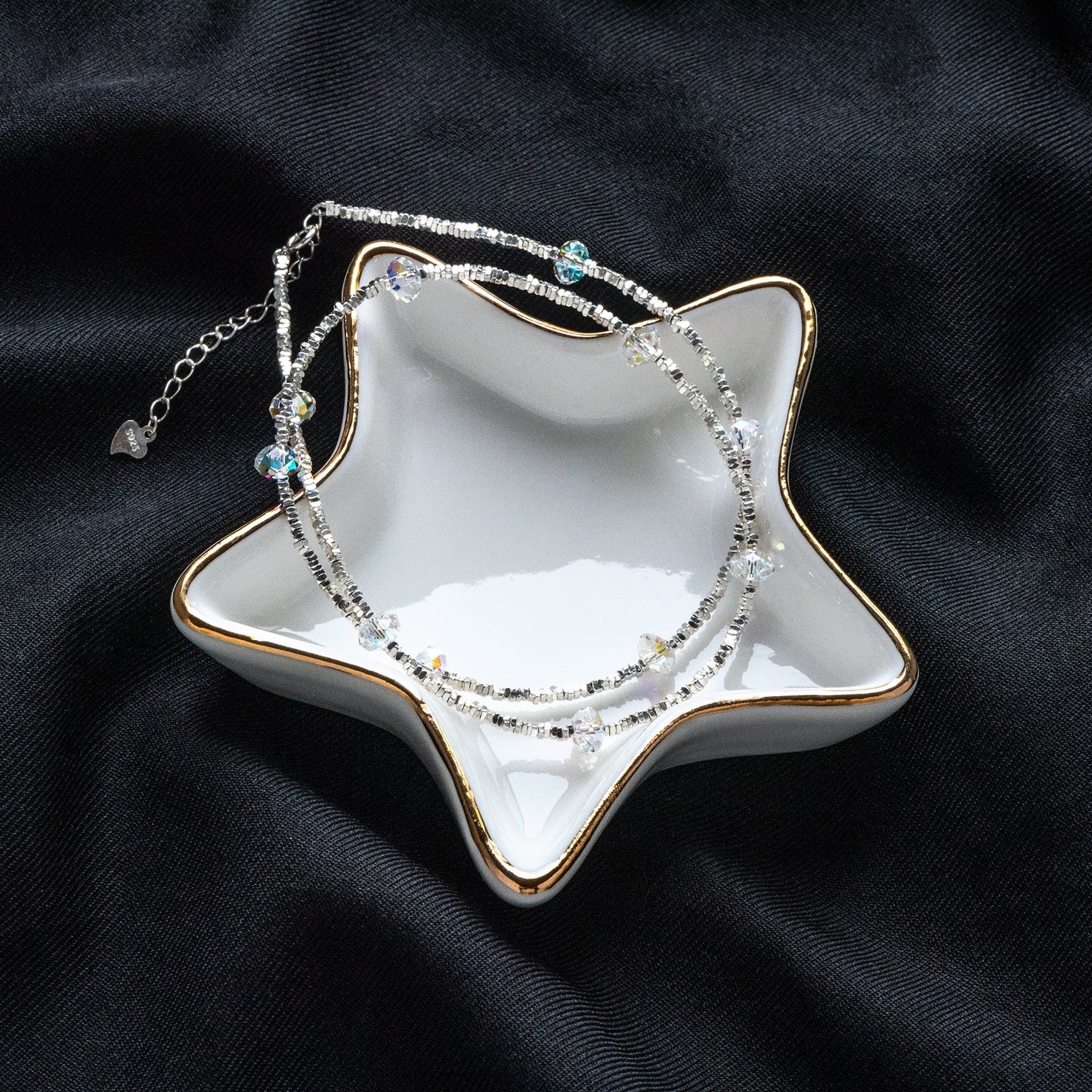 Sterling Silver Square Beaded Necklaces, 1.6mm Silver Bead Chain with 6mm Rondelle Crystal, Ready to Wear (CY-054)