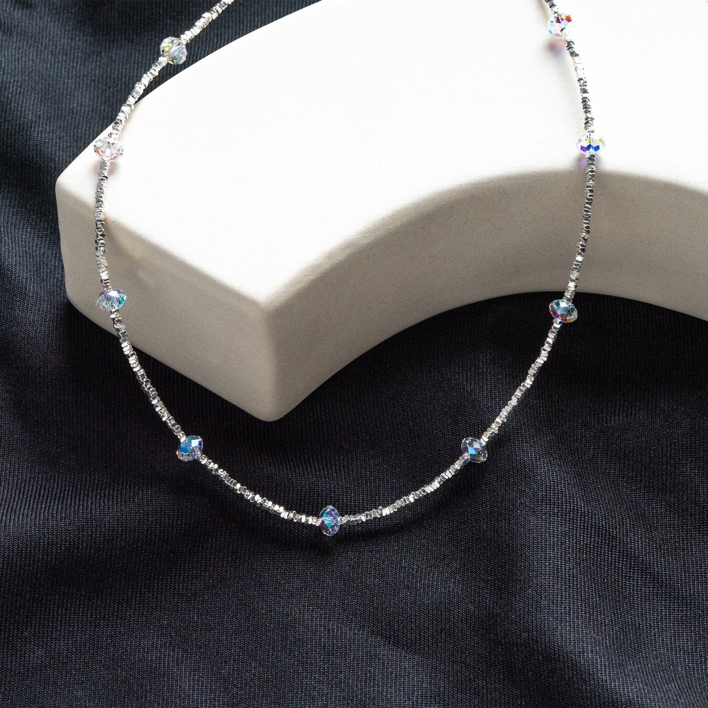 Sterling Silver Square Beaded Necklaces, 1.6mm Silver Bead Chain with 6mm Rondelle Crystal, Ready to Wear (CY-054)